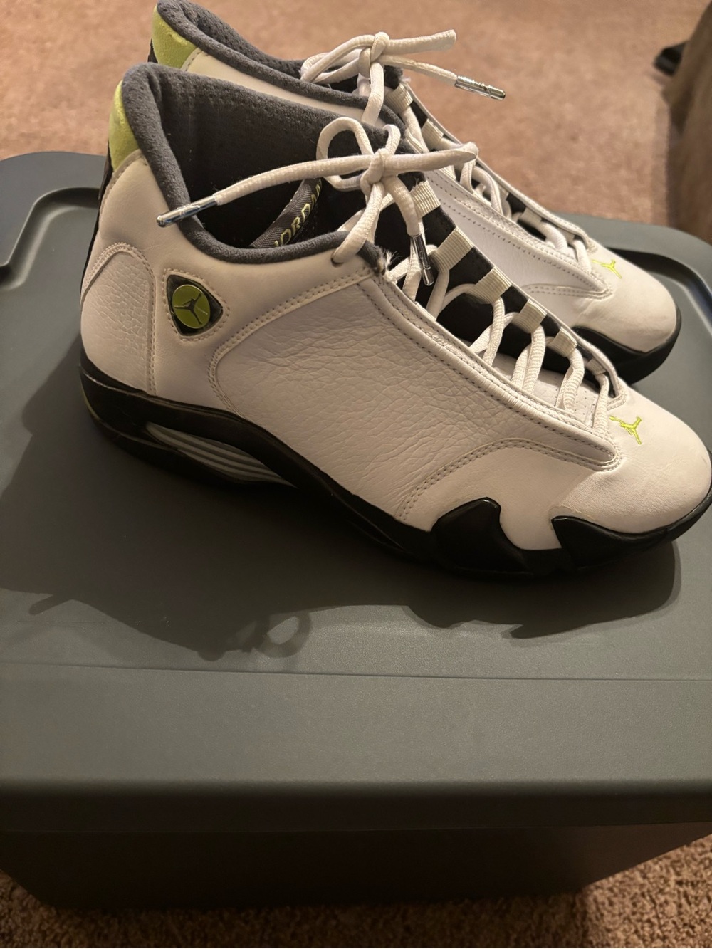 Jordan 14s Men’s White Black Neon Green Low-Top Basketball Shoes